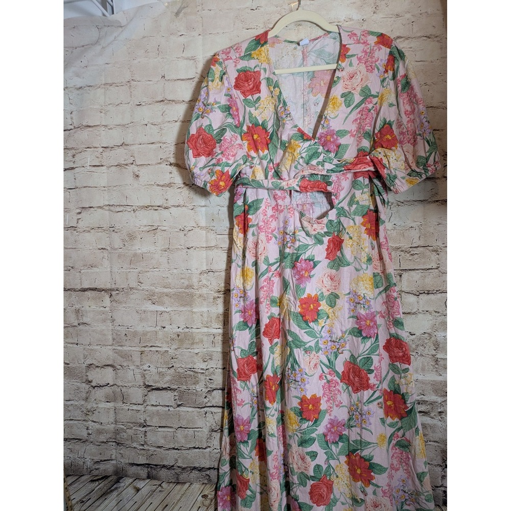 Old Navy Pink Floral Linen Blend Twist Front Midi Dress XXL Short Sleeve Pink